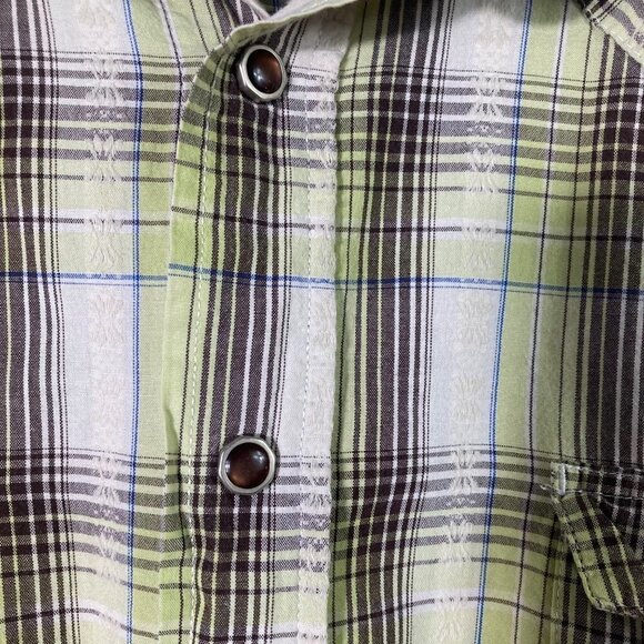 Mens Roper Pearl Snap Western Plaid LS Shirt Green White Black w Embroidery Deta - Picture 4 of 7